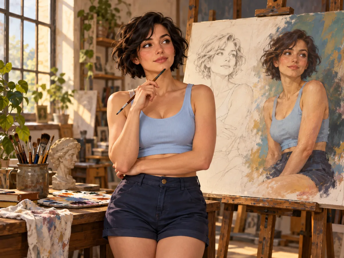 AI-generated fictional adult model in clothing, editorial illustration